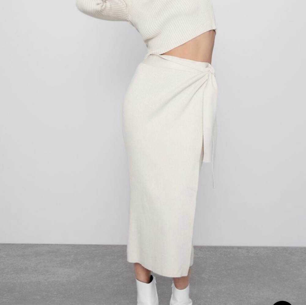 Zara Knit Cream Sweater Faux Wrap Pencil Midi Skirt Tie Waist US S NWT